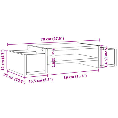 vidaXL barna tölgy szerelt fa monitorállvány tárolóval 70 x 27 x 15 cm