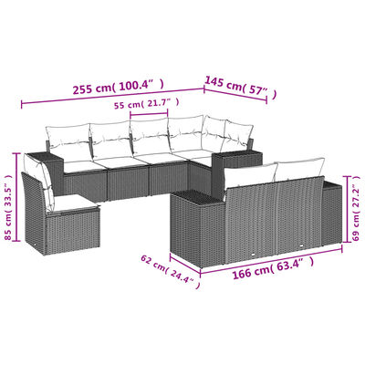 vidaXL 8 részes szürke polyrattan kerti ülőgarnitúra párnákkal