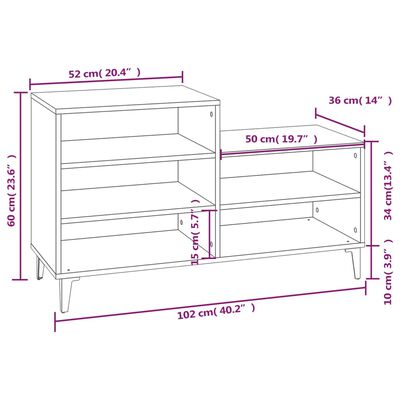 vidaXL fehér szerelt fa cipősszekrény 102x36x60 cm