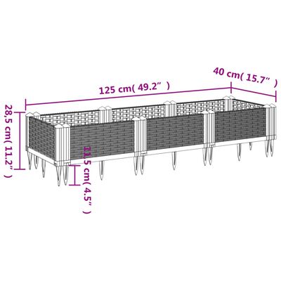 vidaXL szürke polipropilén kerti virágláda cövekekkel 125x40x28,5 cm