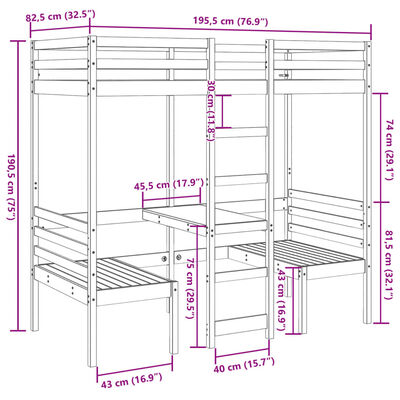 vidaXL fehér fenyő galériaágy-keret asztallal és székekkel 90 x 175 cm