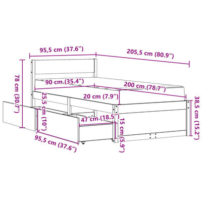 vidaXL tömör fenyőfa ágy fiókokkal és matraccal 90 x 200 cm