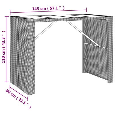 vidaXL fekete polyrattan üveglapos bárasztal 145 x 80 x 110 cm