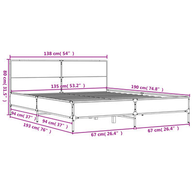 vidaXL füstös tölgy színű szerelt fa és fém ágykeret 135 x 190 cm