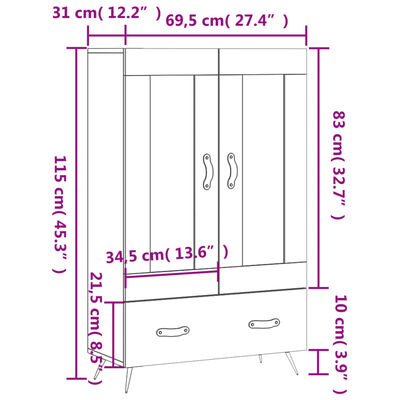 vidaXL fekete szerelt fa magasszekrény 69,5 x 31 x 115 cm