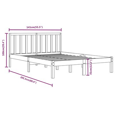 vidaXL Double fekete tömör fenyőfa ágykeret 135 x 190 cm