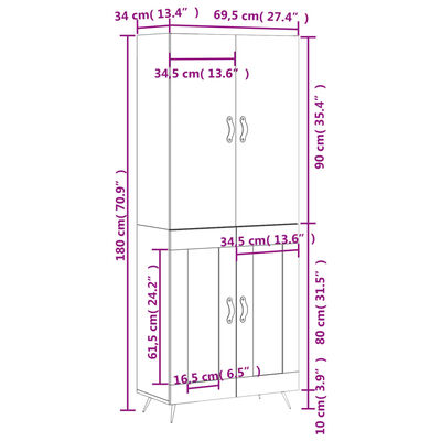 vidaXL fekete szerelt fa magasszekrény 69,5 x 34 x 180 cm