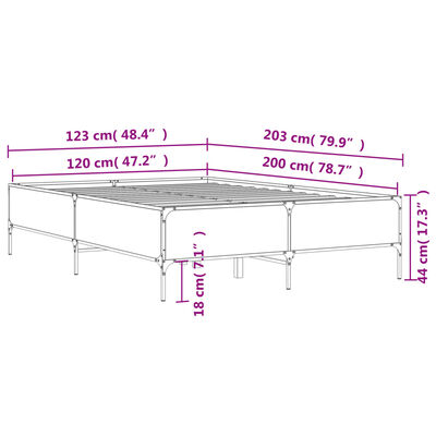 vidaXL füstös tölgy színű szerelt fa és fém ágykeret 120 x 200 cm