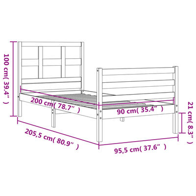 vidaXL tömör fa ágykeret fejtámlával 90 x 200 cm