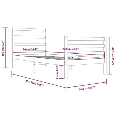 vidaXL fehér tömör fenyőfa ágykeret 90x200 cm