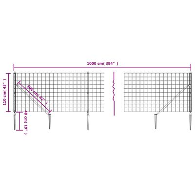 vidaXL antracitszürke dróthálós kerítés cövekekkel 1,1x10 m