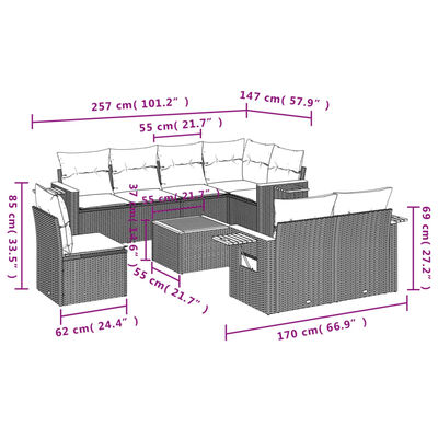 vidaXL 9 részes fekete polyrattan kerti ülőgarnitúra párnákkal