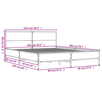 vidaXL szürke sonoma szerelt fa és fém ágykeret 140 x 200 cm