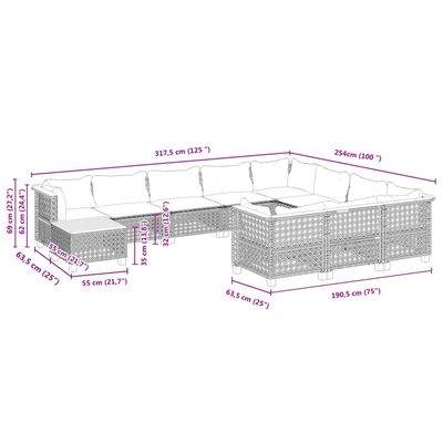 vidaXL 11 részes fekete polyrattan kerti ülőgarnitúra párnákkal