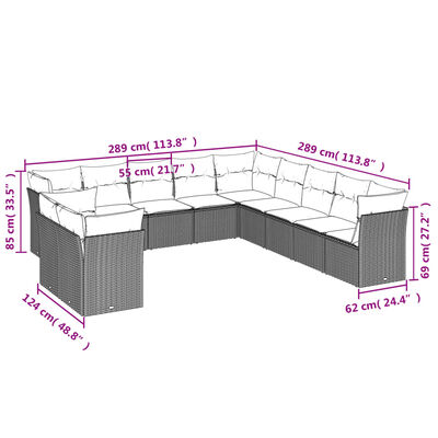 vidaXL 11 részes fekete polyrattan kerti ülőgarnitúra párnákkal