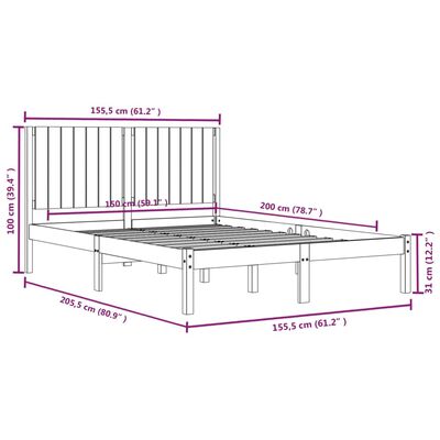 vidaXL King Size fehér tömör fa ágykeret 150 x 200 cm