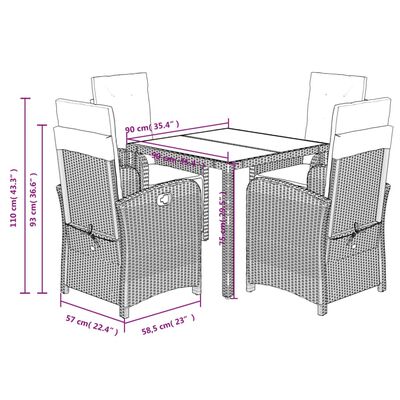 vidaXL 5 részes fekete polyrattan kerti étkezőgarnitúra párnákkal