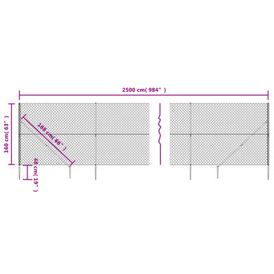 vidaXL ezüstszínű drótkerítés cövekekkel 1,6 x 25 m