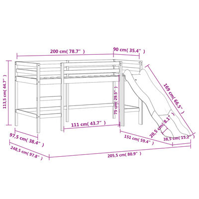 vidaXL kék tömör fenyőfa gyerek galériaágy függönnyel 90 x 200 cm