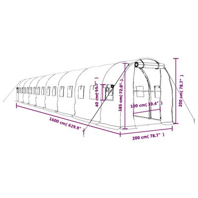 vidaXL zöld acélvázas melegház 32 m² 16 x 2 x 2 m