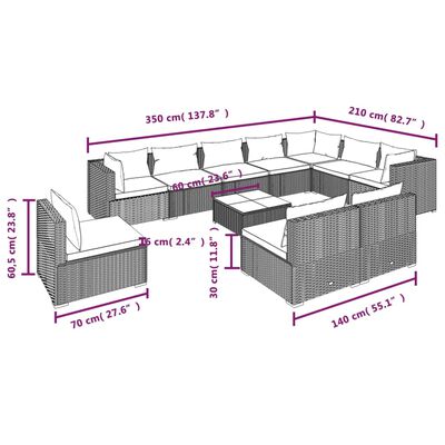 vidaXL 11 részes fekete polyrattan kerti ülőgarnitúra párnákkal