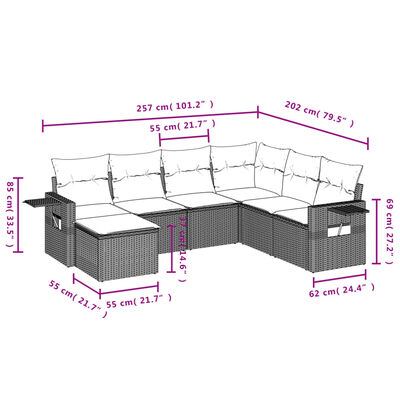 vidaXL 7 részes bézs polyrattan kerti ülőgarnitúra párnákkal