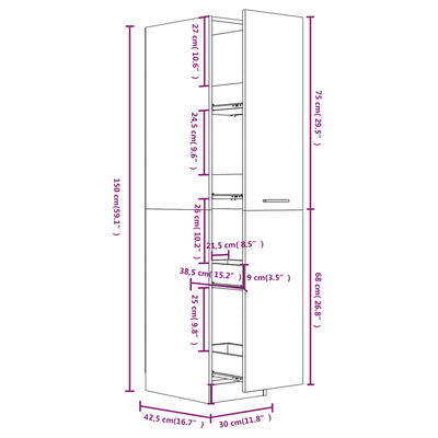 vidaXL fekete szerelt fa patikaszekrény 30 x 42,5 x 150 cm