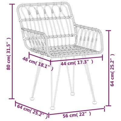 vidaXL 2 db fekete PE rattan karfás kerti szék 56 x 64 x 80 cm