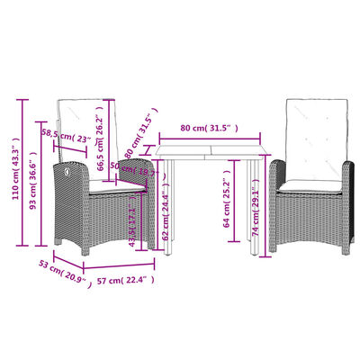 vidaXL 3 részes bézs polyrattan kerti étkezőgarnitúra párnákkal