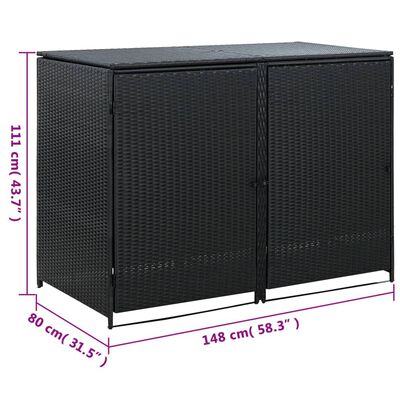 vidaXL fekete rattan dupla tároló gurulós kukához 148 x 80 x 111 cm