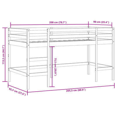 vidaXL fehér-fekete tömör fenyő gyerek galériaágy alagúttal 90x200 cm