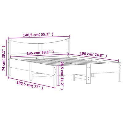 vidaXL fehér tömör fenyőfa ágy matrac nélkül 135 x 190 cm