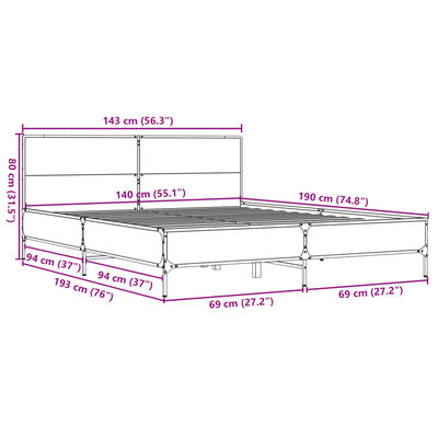 vidaXL füstös tölgy színű szerelt fa és fém ágykeret 140x190 cm