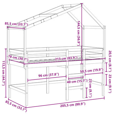 vidaXL tömör fenyőfa galériaágy létrával és tetővel 80 x 200 cm