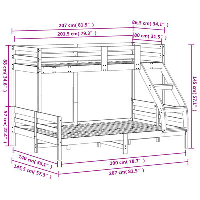 vidaXL fehér tömör fenyőfa emeletes ágy 80 x 200/140 x 200 cm