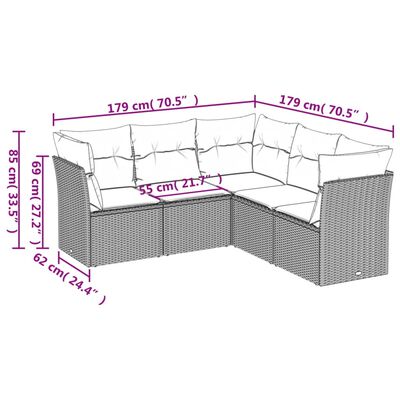 vidaXL 5 részes fekete polyrattan kerti kanapészett párnákkal