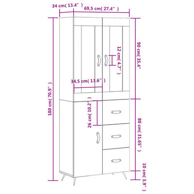 vidaXL fekete szerelt fa magasszekrény 69,5 x 34 x 180 cm