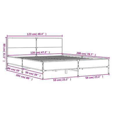 vidaXL barna tölgyszínű szerelt fa és fém ágykeret 120 x 200 cm