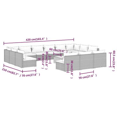 vidaXL 14 részes fekete polyrattan kerti ülőgarnitúra párnákkal