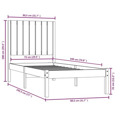 vidaXL Small Single mézbarna tömör fa ágykeret 75 x 190 cm