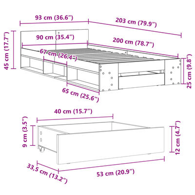 vidaXL sonoma tölgy színű szerelt fa ágykeret fiókkal 90 x 200 cm