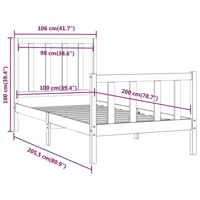 vidaXL fekete tömör fa ágykeret 100 x 200 cm