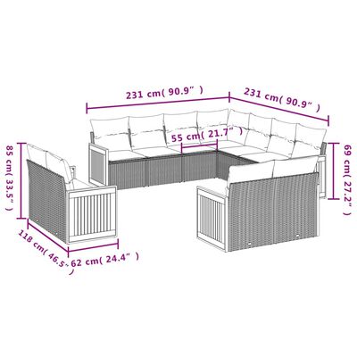 vidaXL 11 részes bézs polyrattan kerti ülőgarnitúra párnákkal