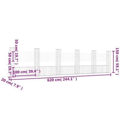 vidaXL U-alakú vas gabionkosár 6 oszloppal 620 x 20 x 150 cm