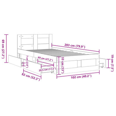 vidaXL szürke sonoma színű szerelt fa ágykeret fejtámlával 100x200 cm