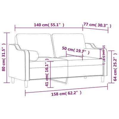 vidaXL 2 személyes fekete szövet kanapé díszpárnákkal 140 cm