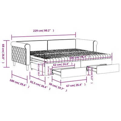 vidaXL világosszürke kihúzható bársony heverő fiókkal 90 x 200 cm