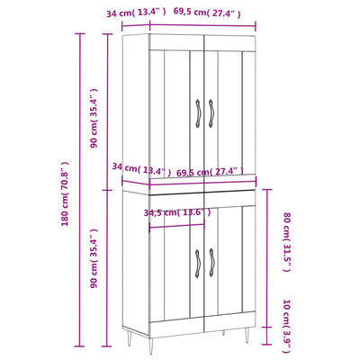 vidaXL betonszürke szerelt fa magasszekrény 69,5 x 34 x 180 cm