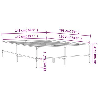 vidaXL füstös tölgy színű szerelt fa és fém ágykeret 140x190 cm