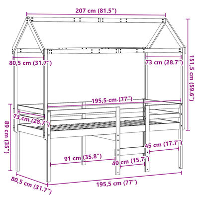 vidaXL fehér tömör fenyőfa magasított ágy tetővel 75 x 190 cm